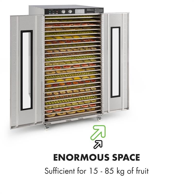 Klarstein Dörrautomat Edelstahl – 4.000-W-Dörrgerät, 48 Edelstahl-Einlegeböden, 30–90 °C, 24-Stunden-Timer, 6 Ventilatoren, 2 Trockenkammern, 50–55 dB, ideal für Obst, Gemüse, Fleisch, Kräuter, Silber
