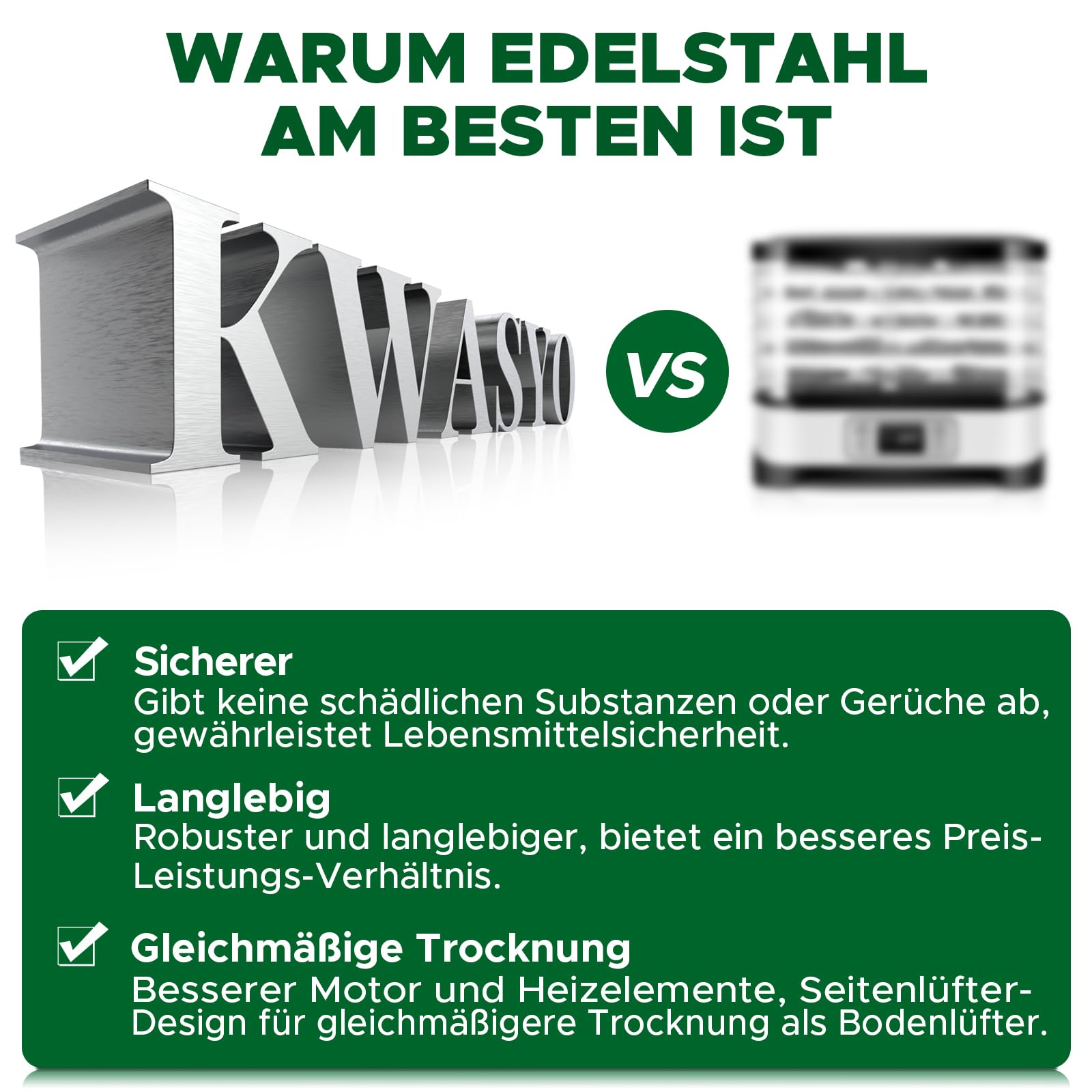 Kwasyo Dörrautomat Edelstahl DA 1000, XXL-Dörrfläche 1,8 m², Dörrgerät Temperatur einstellbar 30-90℃, LED-Display, 24 Std, BPA-frei, mit Rezeptheft, 10 Edelstahl-Dörrtabletts