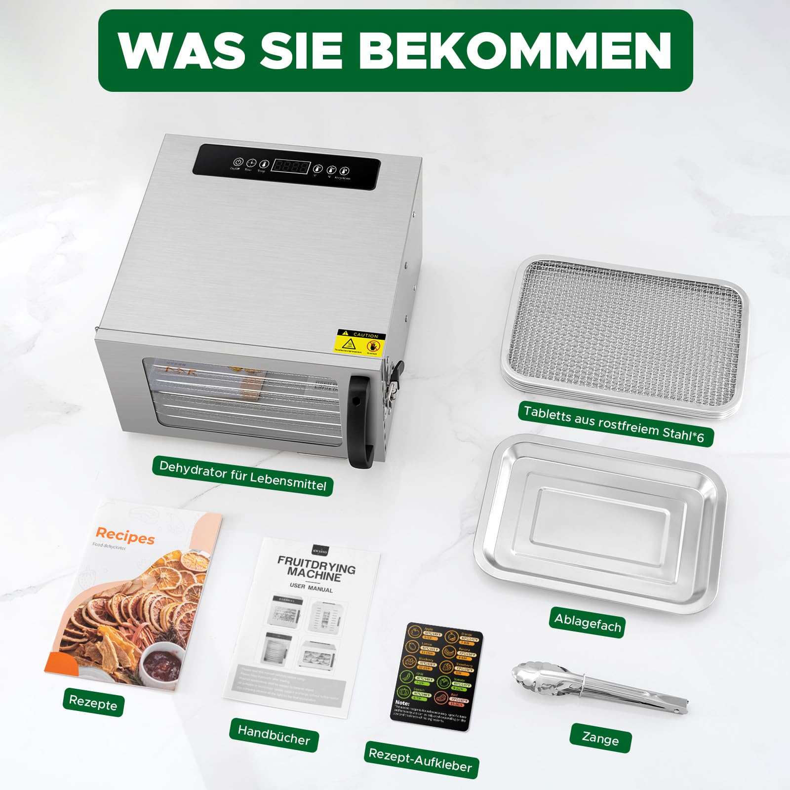 Kwasyo Dörrautomat Edelstahl DA 1000, XXL-Dörrfläche 1,8 m², Dörrgerät Temperatur einstellbar 30-90℃, LED-Display, 24 Std, BPA-frei, mit Rezeptheft, 10 Edelstahl-Dörrtabletts
