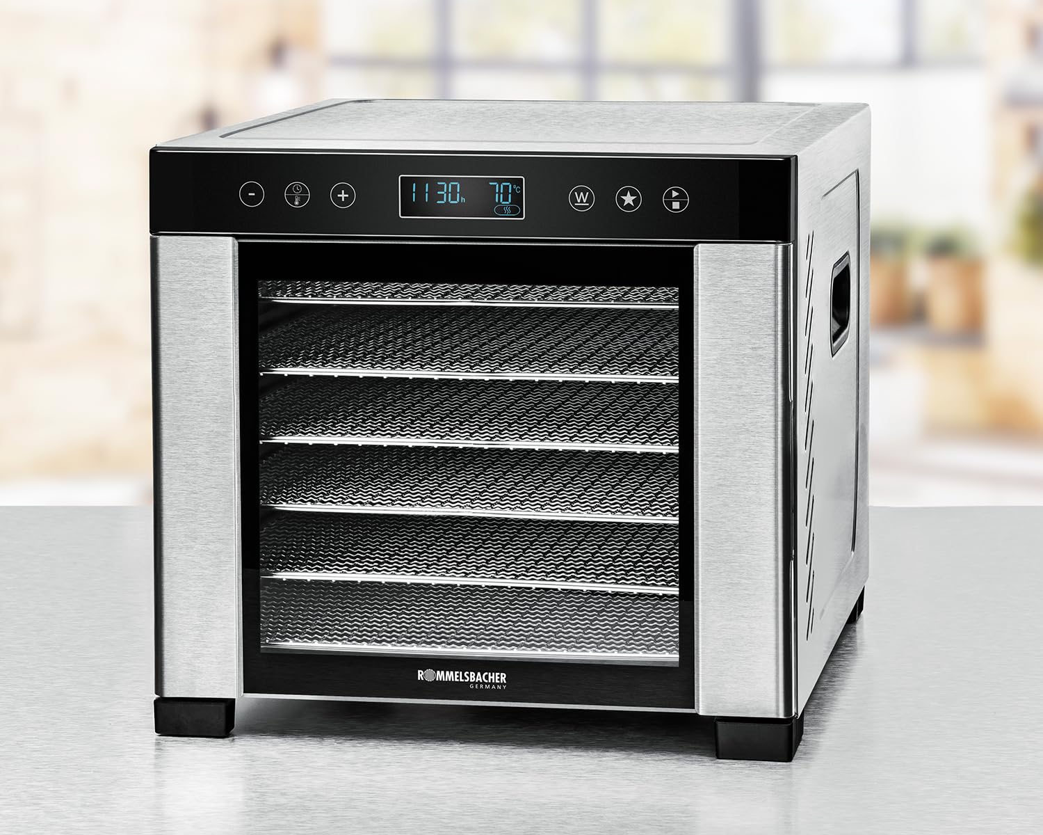 ROMMELSBACHER Dörrautomat DA 1000, XXL-Dörrfläche 1,6 m², inkl. 10 Edelstahl-Dörrtabletts, 2 Dörrgitter, 2 Dörrmatten, LED-Display, 24 Std. Zeitschaltuhr, Temperatur einstellbar (35 °C – 75 °C)