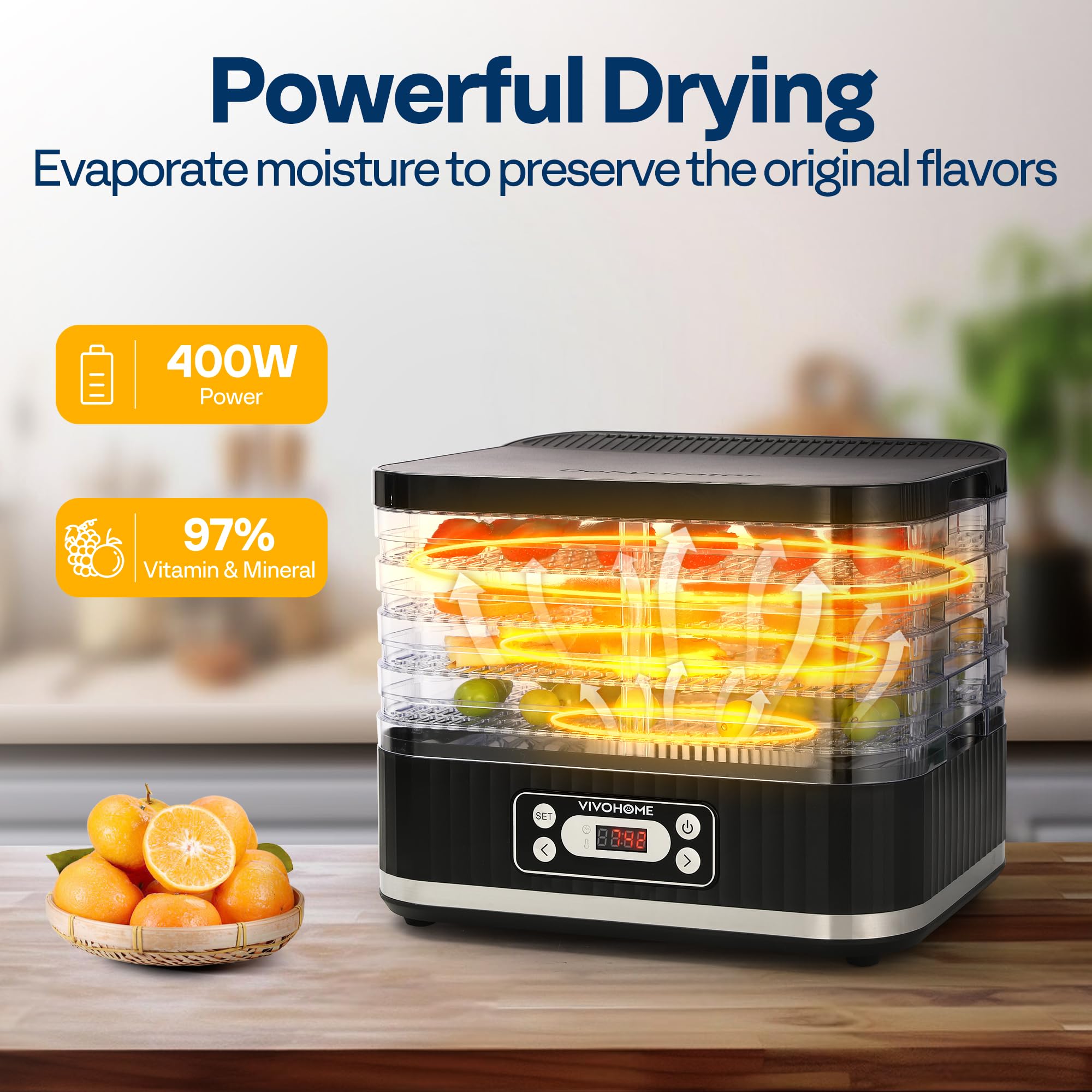 VIVOHOME Dörrautomat mit 8 Einlegefächern 400W BPA frei Dörrgerät mit Temperaturregler von 35°C bis 70°C inkl.72H Timer und Rezept für Fleisch,Obst,Haustier-Leckereiene