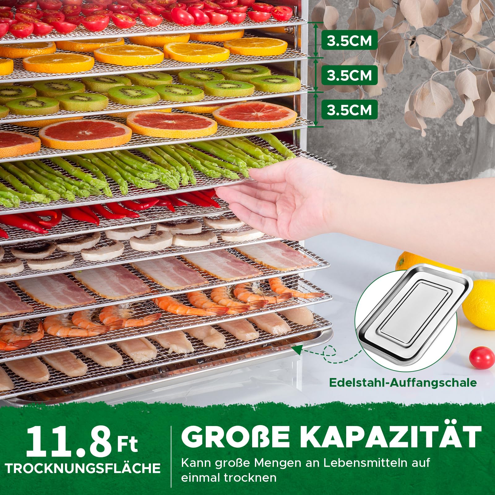Kwasyo Dörrautomat Edelstahl DA 1000, XXL-Dörrfläche 1,8 m², Dörrgerät Temperatur einstellbar 30-90℃, LED-Display, 24 Std, BPA-frei, mit Rezeptheft, 10 Edelstahl-Dörrtabletts