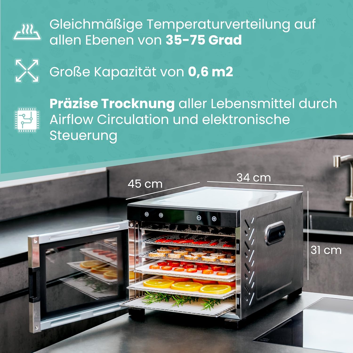A-rival Dehydrator, Stainless Steel Dehydrator, Touch Control, Professional Dehydrator Stainless Steel, 24 Hour Timer, 6 Drying Trays + 3 Drying Mats, BPA-Free, 35 °C to 75 °C, Quiet Operation, 360°